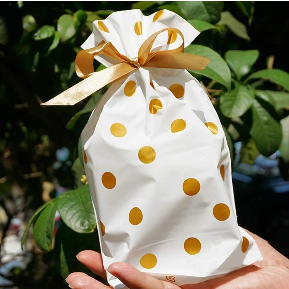 50 Gold Polka Dot Party Favor Bags Plastic with Drawstring 5.8x9x2.4 inch - Picture 4 of 4